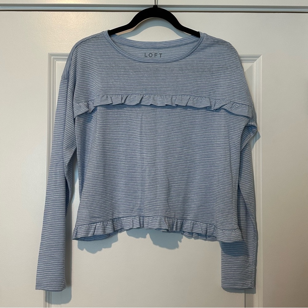 Loft Stripe Cropped Ruffle Long-Sleeve Tee